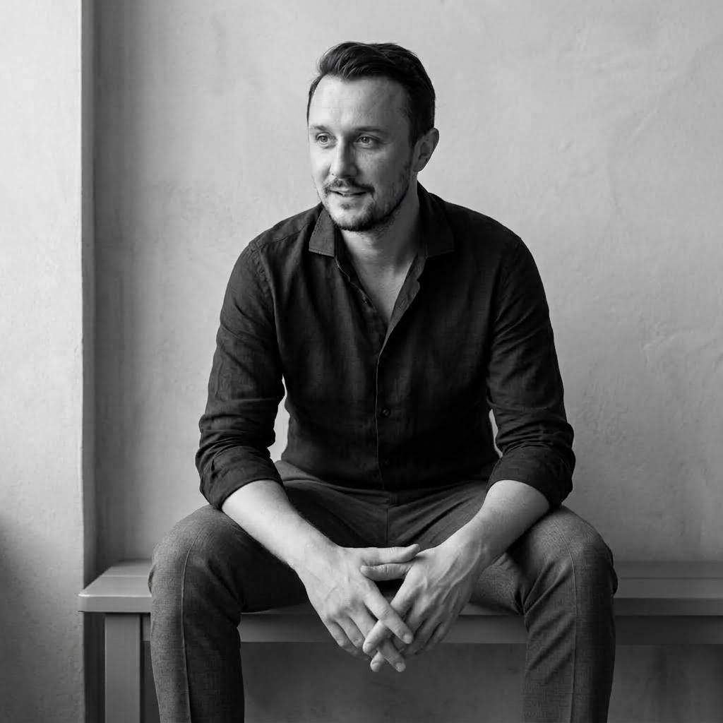 Nicholas Szymanski seated by a window, leaning forward with his hands loosely clasped.